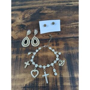 Rhinestone & Gold‎ Tone Charm Bracelet & 2 pr Earrings